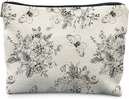 Vintage Boho Floral Butterfly Makeup Bag, Chinoiserie Black and White Cosmetic Bags for Women, Cottagecore Botanical Butterfly Zipper Makeup Pouch
