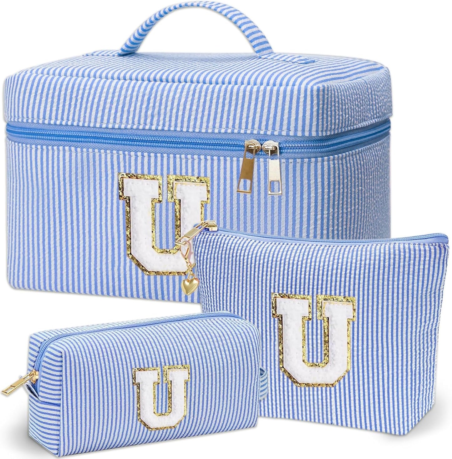 Personalized Monogram Makeup Bag, 3PCS Custom Monogrammed Toiletry Cosmetic Bag for 6-18 Teen Girls Women,Birthday Graduation Gifts Initial Pouch Makeup Bags for Women Girls, Make Up Bag (U, Blue)