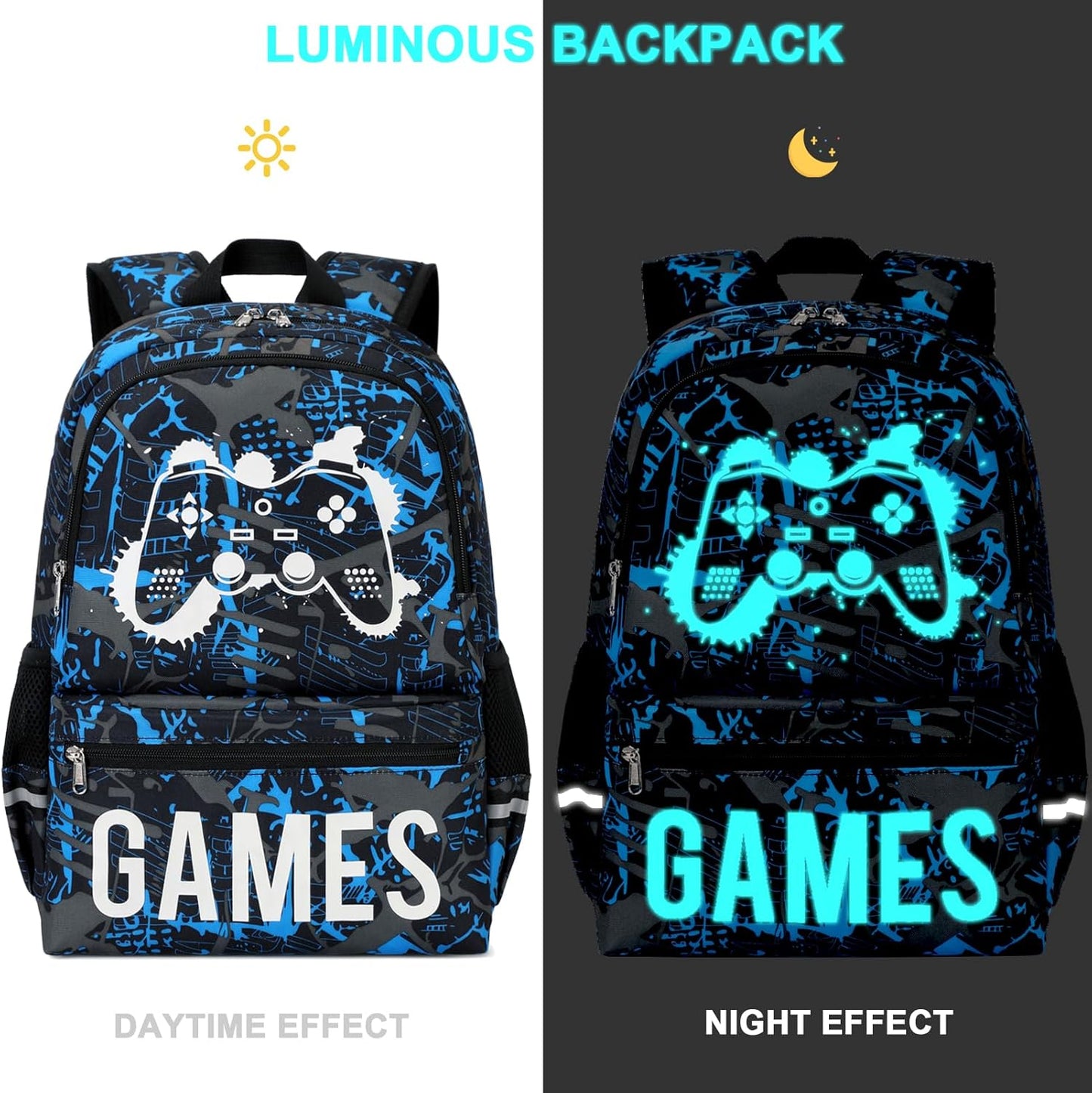 Octsky Kids School Backpack for Boys and Girls, Luminous Backpack with Lunch Box, Gamepad Bookbag