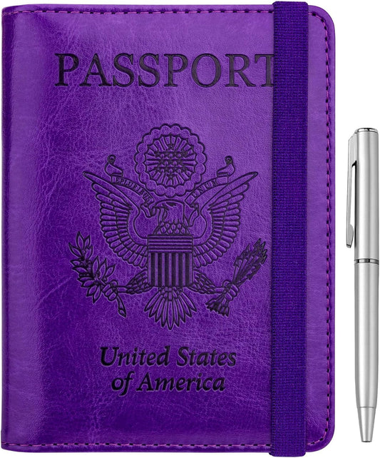 WALNEW Passport Holder for Travel, RFID Passport Cover Wallet for Women Men, PU Leather Passport Book Card Holder Case with Pen, Travelling Essentials for Flying