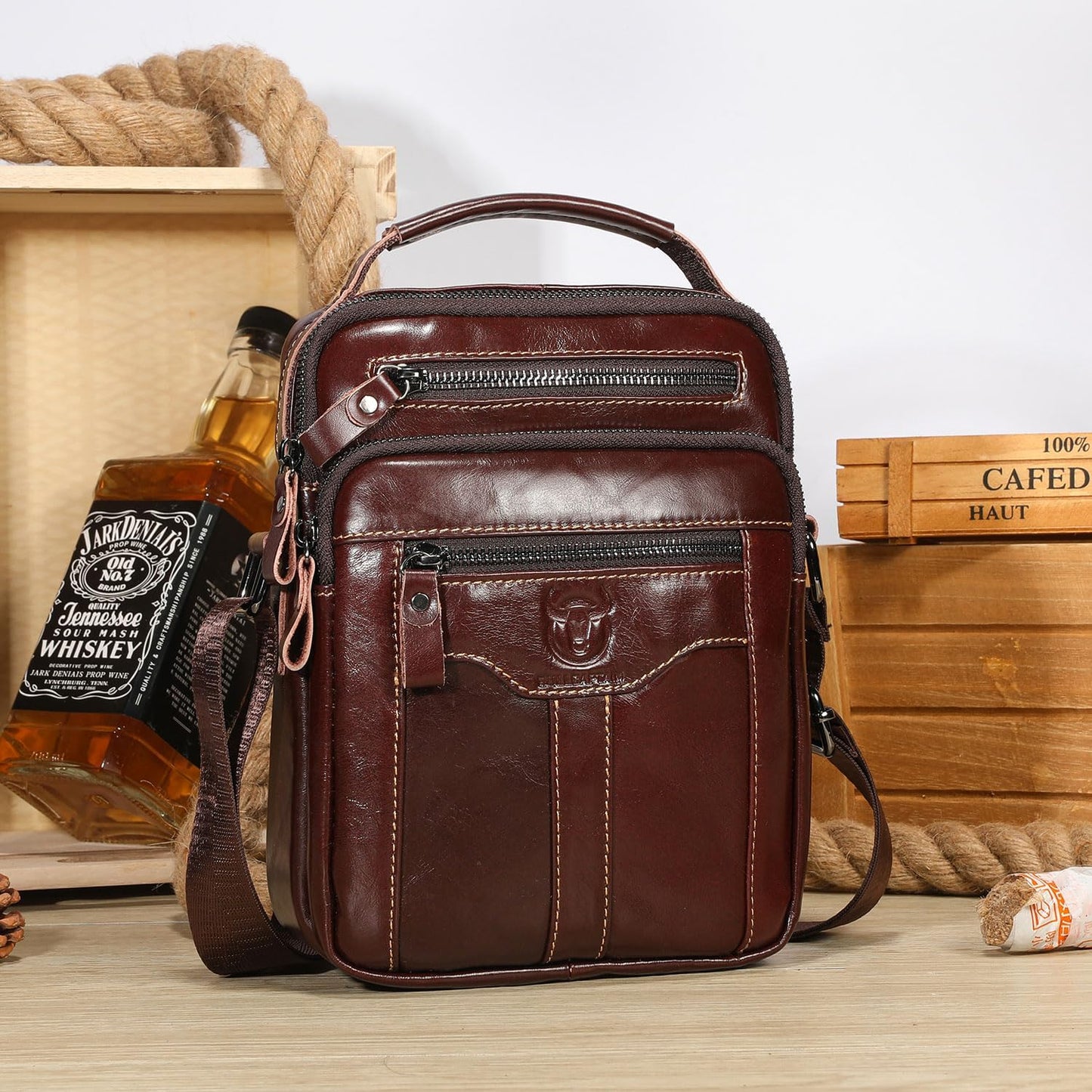 Leather Crossbody Bags for Men Casual Shoulder Bag Travel Messenger Bag Vintage Handbag Multi Pocket Satchel