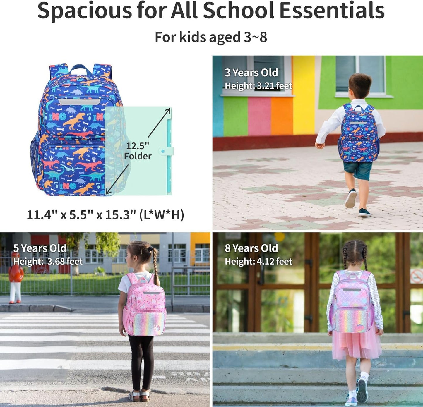 Kids Backpack for Boys - 15 Inch Backpack for Kids 3 to 8, Lightweight Bookbag for Preschool Kindergarten Elementary School, Insulated Pocket, Safe Reflective Stripe, Blue Dinosaur