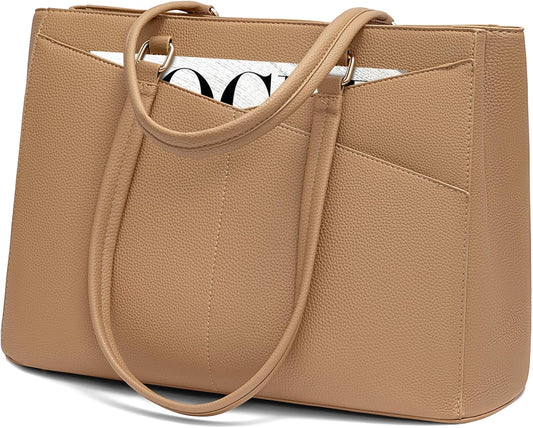 LOVEVOOK Laptop Bag for Women, 15.6 inch Laptop Tote Work Teacher Bags Cancas Computer Shoulder Bag,Apricot