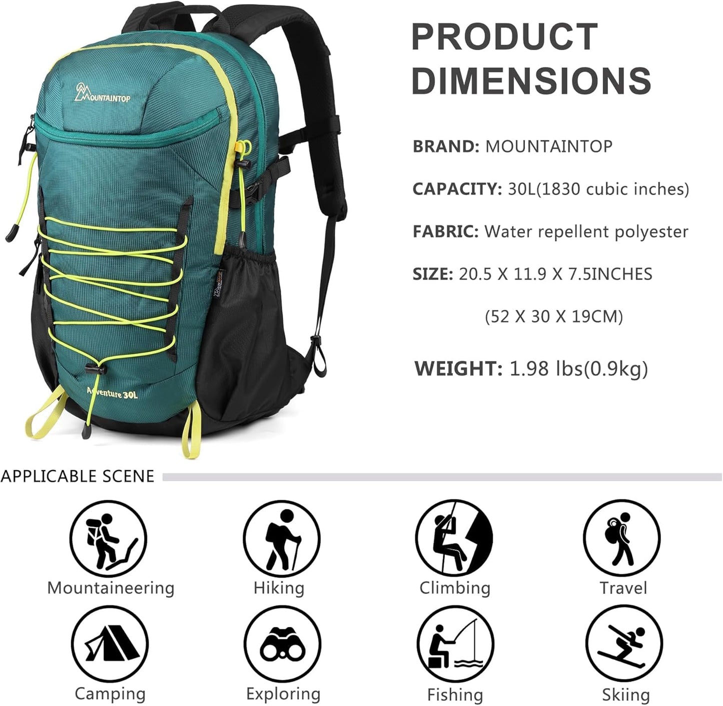 MOUNTAINTOP Hiking Backpack,30L Camping Backpack, Men Women Hiking Daypack Lightweight Travel Backpack for Climbing(Deep Green)