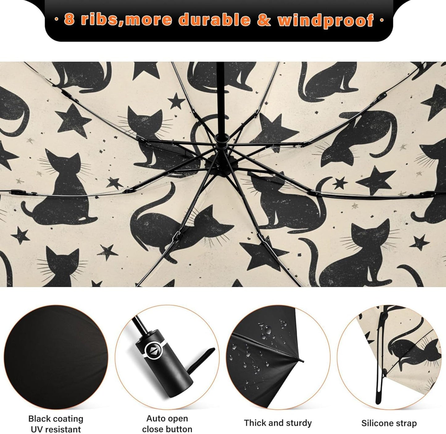 Automatic Folding Umbrella Windproof Strong, UV Protection Compact Black Gothic Moon Spider Webs and Bats Sun Rain Sun Rain Travel Umbrellas for Women Men