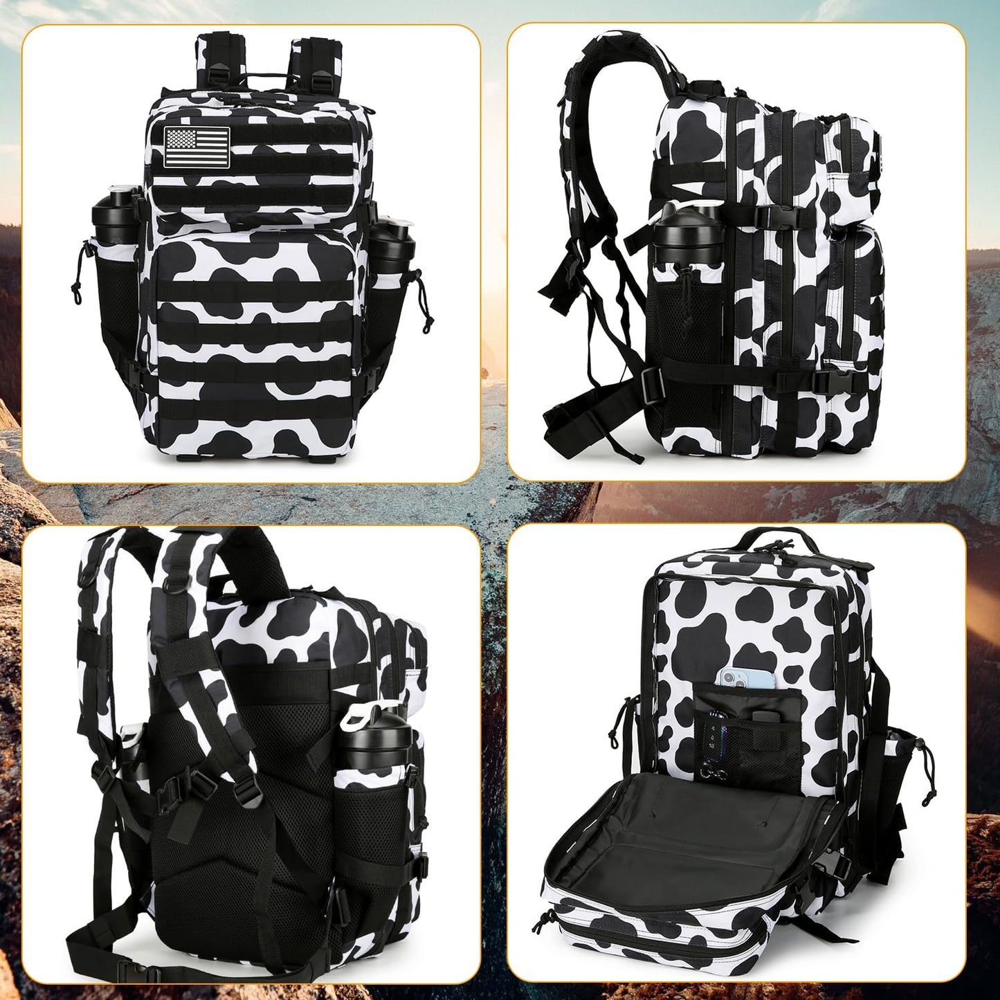 25L Tactical Backpack Military Tactical Backpack for Men and Women Small Assault Pack Outdoor Travel Hiking Camping Rucksack with Molle Webbing (Cow Print)
