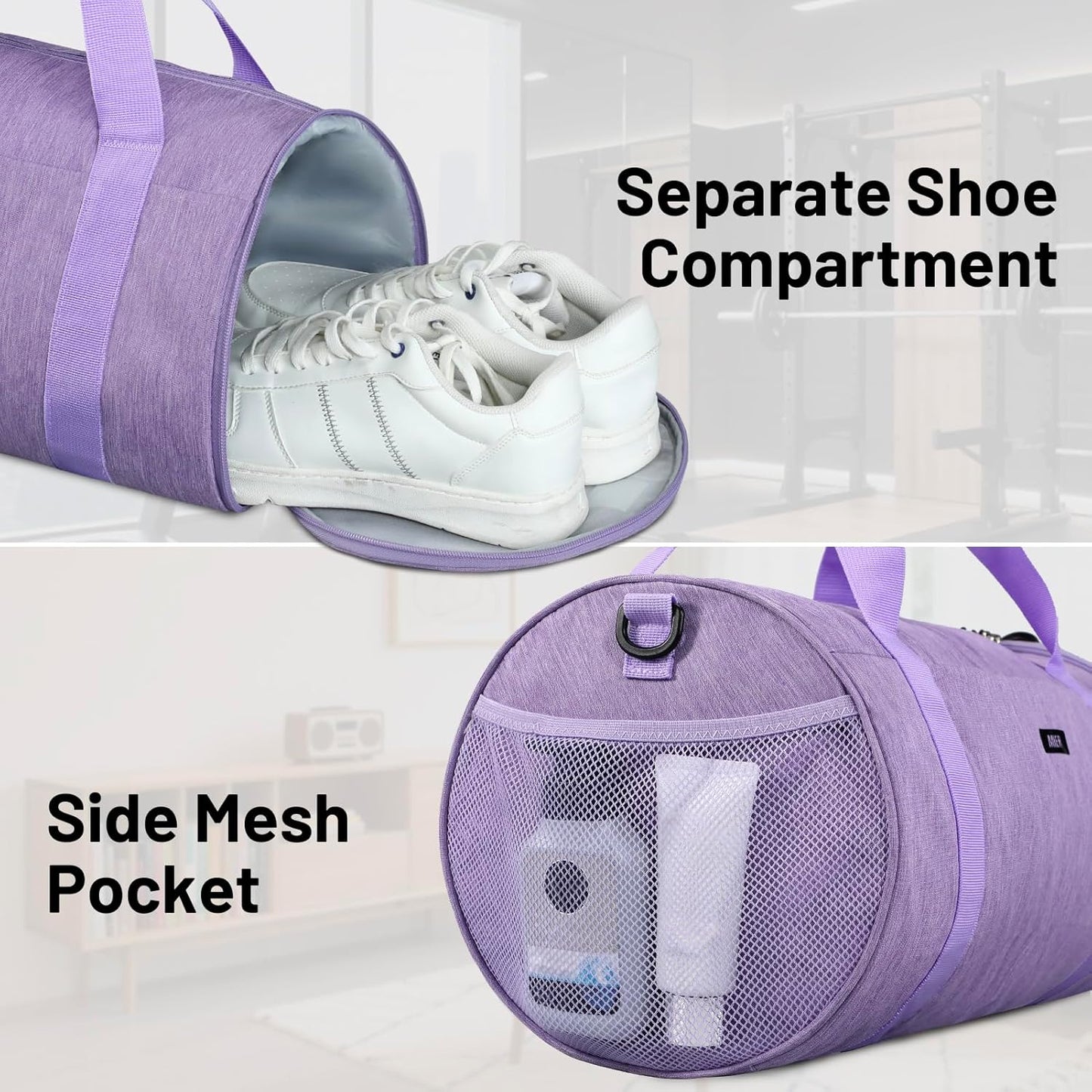 MIER Gym Bag Round Duffle Bag with Shoe Compartment & Wet Pocket, Lightweight Carry on Duffel for Men Women Workout Fitness Travel Sports, 24L, Purple