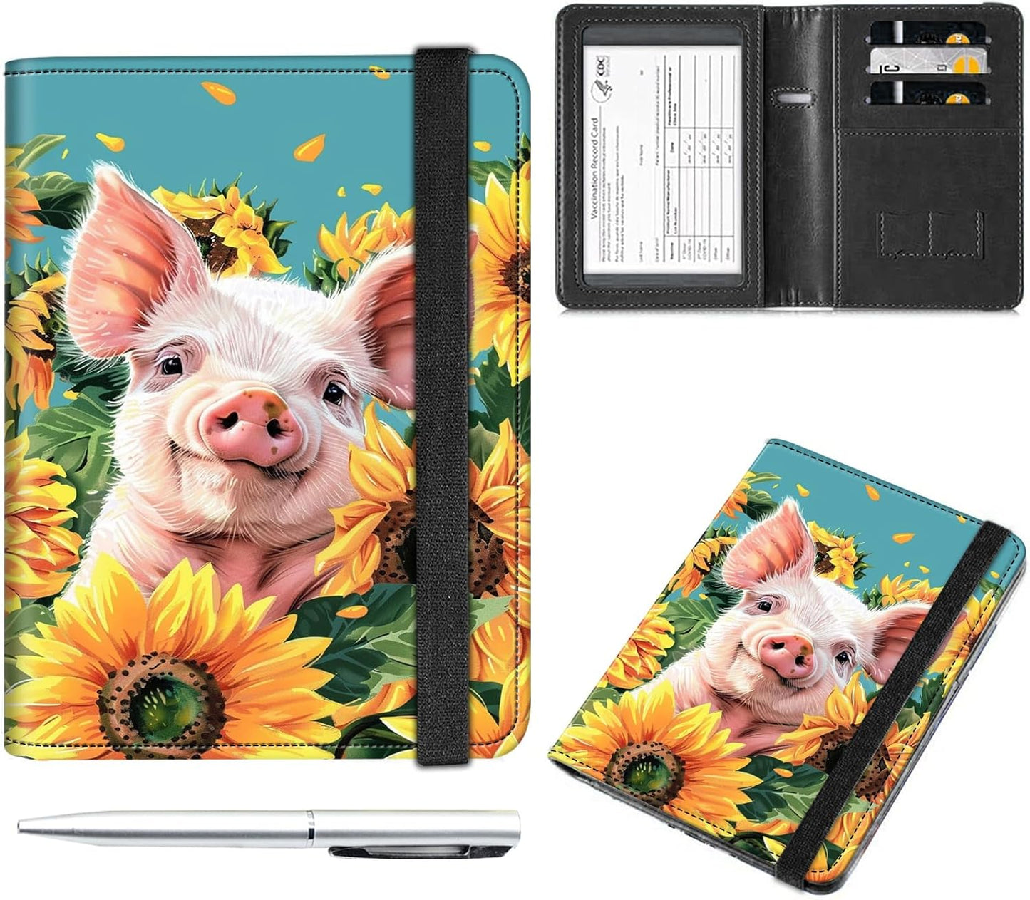 Passport and Vaccine Card Holder Cover Combo,Travel Passport Holder Wallet with RFID Blocking, Leather Vaccine Card Slot Passport Cover Case for Women & Men,Cute Baby Pig and Sunflower