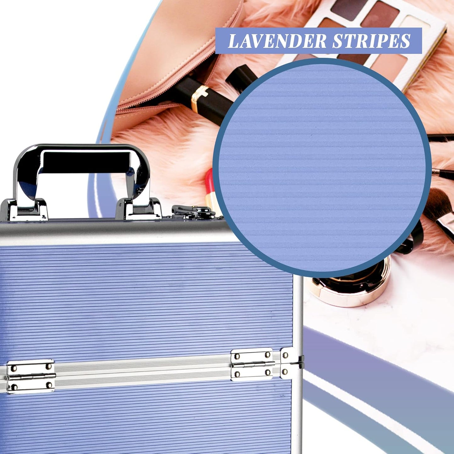 Ver Beauty Makeup Organizer, Cosmetic Travel Kit, Makeup Artist Supplies, 2 Sliding Trays, Lockable Storage Box, Makeup Train Case, Aluminium Case, Lightweight Makeup Vanity (Lavender Stripes)