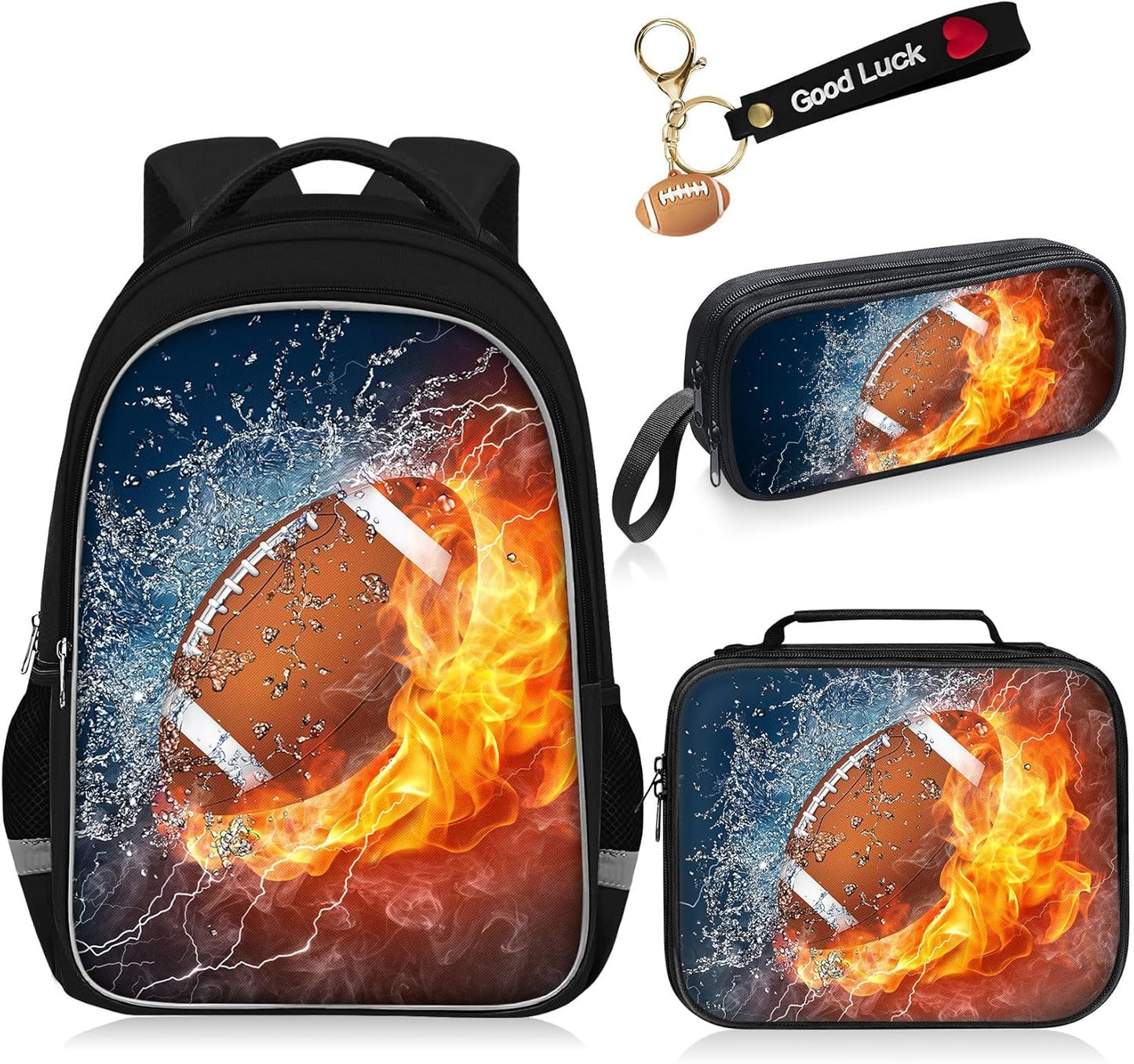 School Backpack for Boys - 4pcs American Football Boys Backpack with Lunch Box Set for Kids Children Teens Elementary Middle School - 17″ Sport Bookbag Travel Back Pack for Age 6-18
