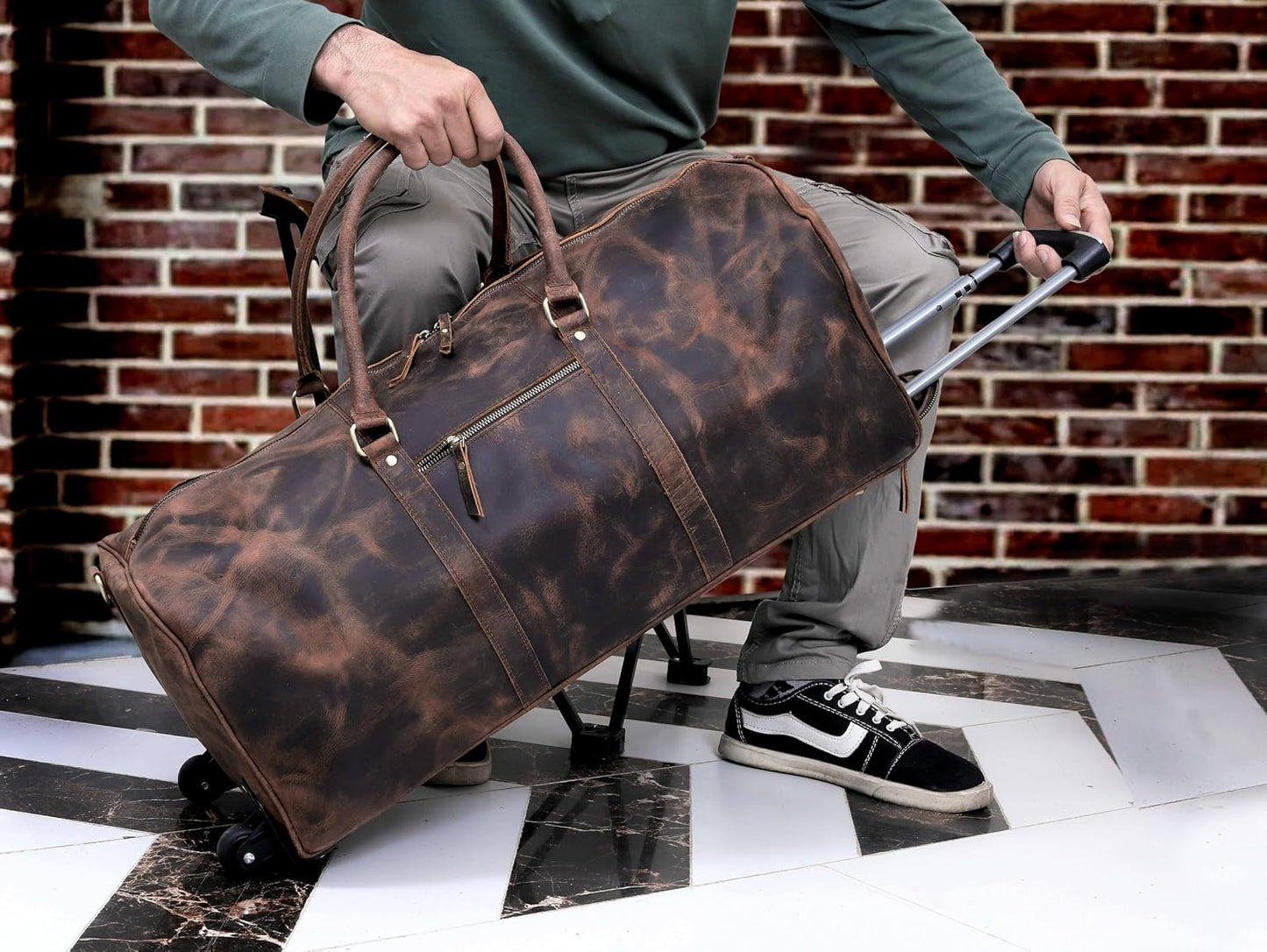 Weekender Leather Duffel Bag for Men Overnight Vintage Travel Duffle with Shoulder Strap Carry On Sports Gym 24 Inch Leather Luggage Carryall Cool Gifts for Him by Cureo