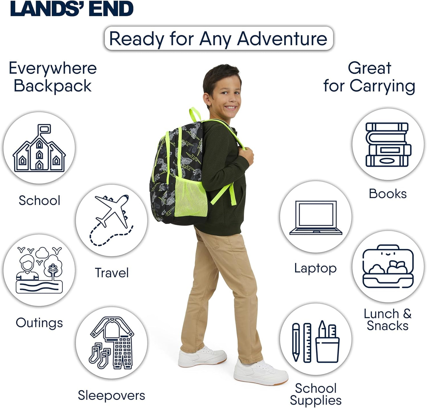 Lands' End Unisex Kids Large ClassMate Lightweight Durable Elementary School Backpack, Black Highlight