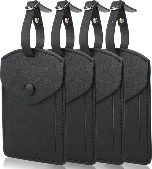 Kevancho Leather Luggage Tags for Men Women, Suitcase Labels Baggage Bag Tag ID Tags with Full Back Privacy Cover for Cruise Ships, Travel Accessories Tags Set of 4 PCS (Black)