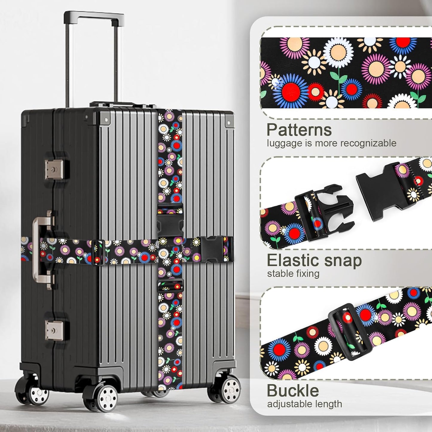 BILIONE Vibrant Flowers-Pattern Luggage Straps for Suitcases, Travel Belt Accessories Luggage Identifiers Adjustable Nylon Suitcase Belts for Travel 2 Pack (Colorful Gerberas)