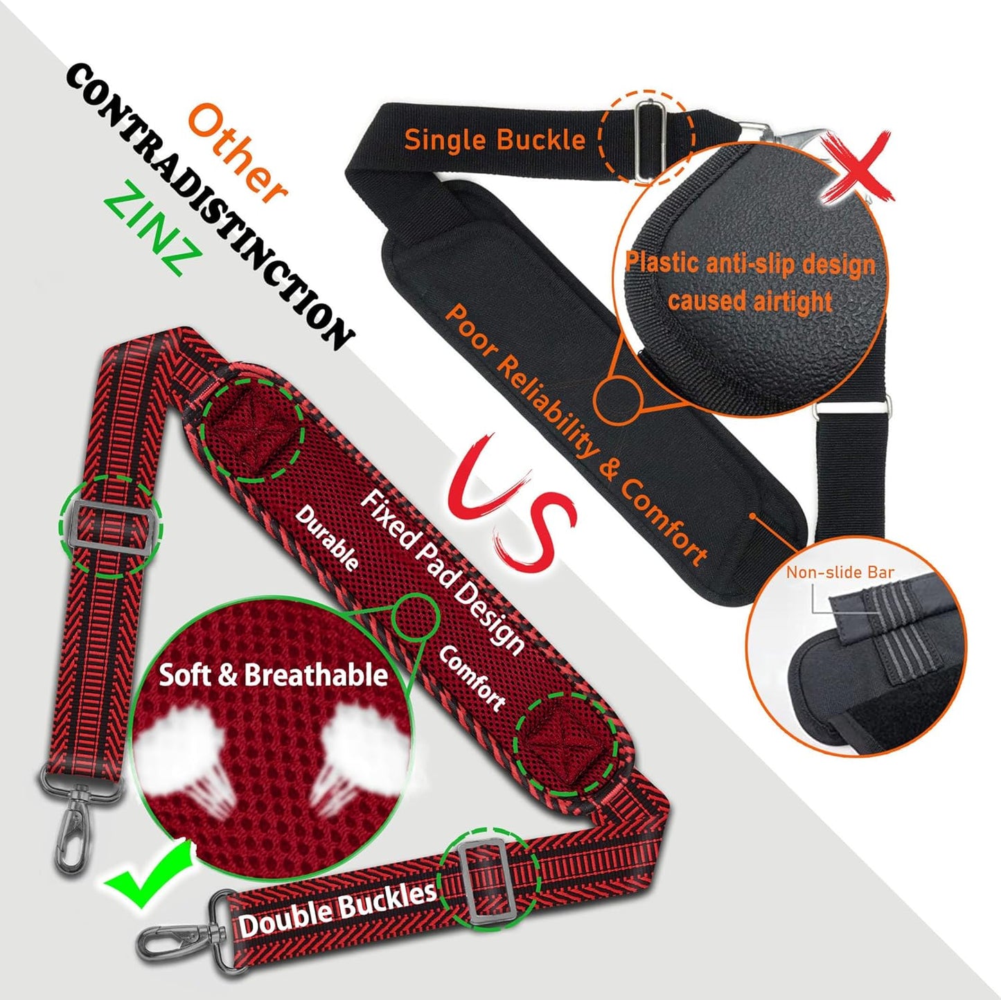 ZINZ Shoulder Strap, 57" Padded Adjustable Shoulder Bag Straps Replacement for Bags with D-Ring（TH01B02）