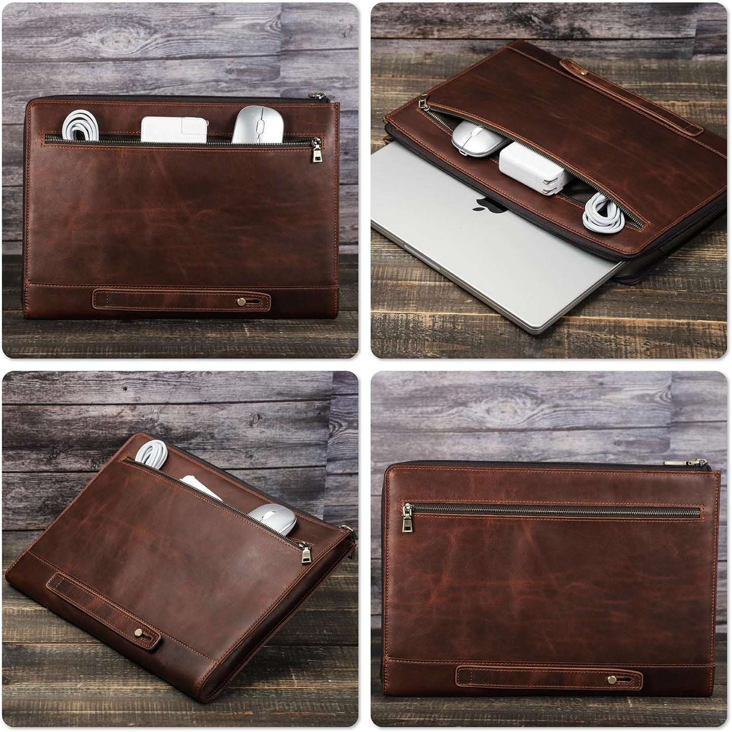 Top Grain Leather 14.2" Slim Laptop Handheld Zipper Bag, Vintage Design & 2 Pockets, Handmade