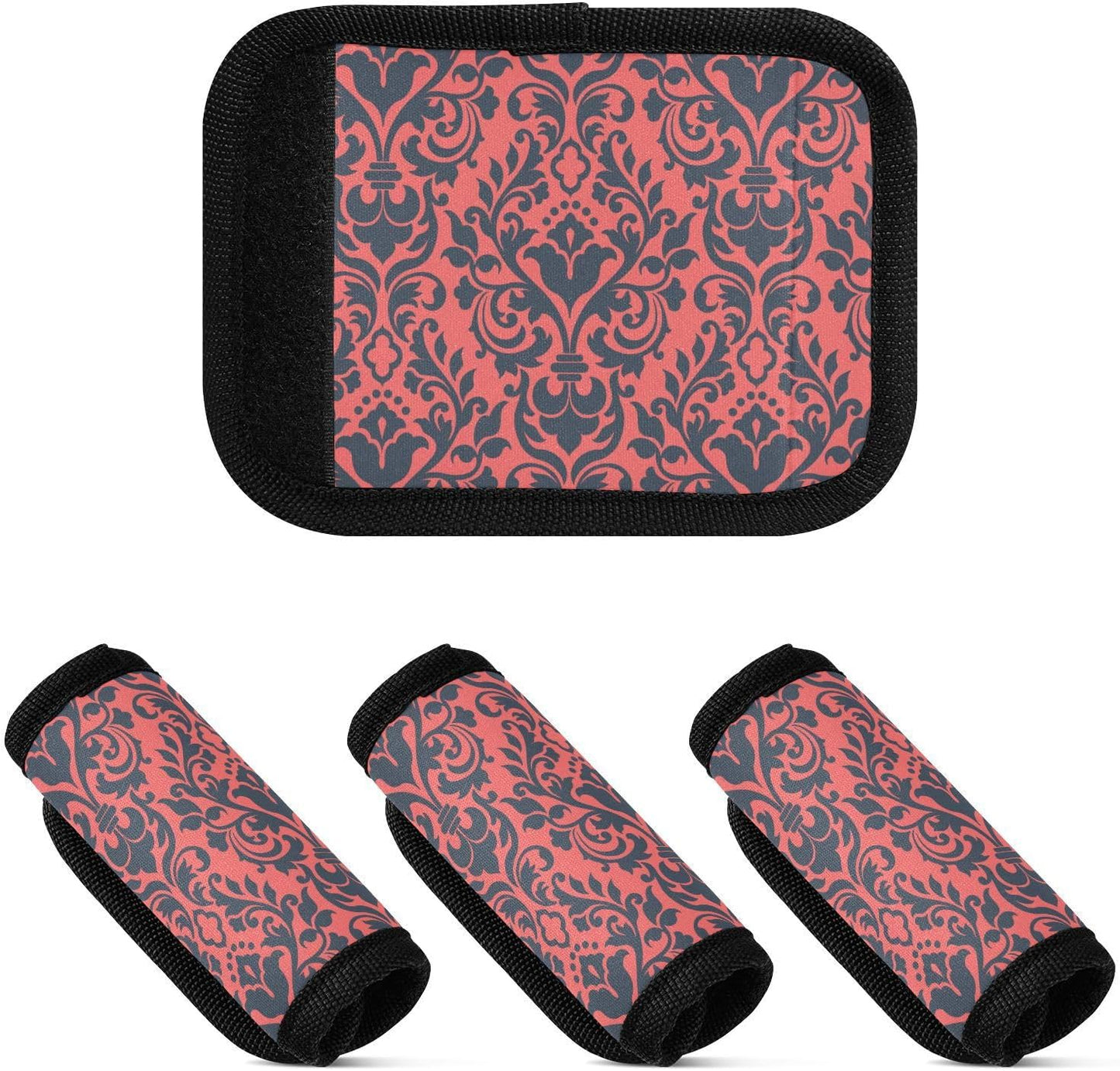 4 PC Luggage Handle Wrap Luggage Handle Covers Tags for Suitcase Bags Travel Luggage Handle Identifier Gripper Damask Red and Black