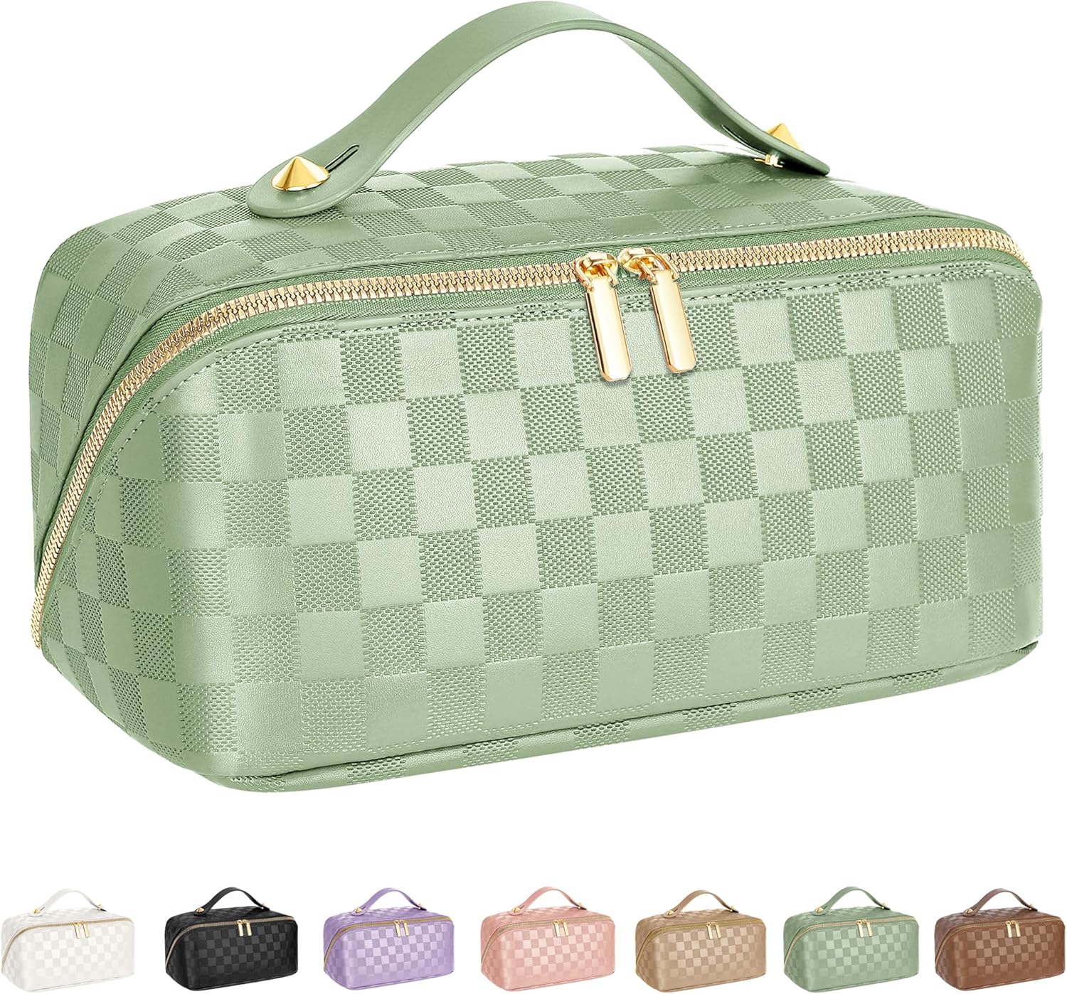 Large Capacity Travel Cosmetic Bag - Portable Makeup Bags for Women Waterproof PU Leather Checkered