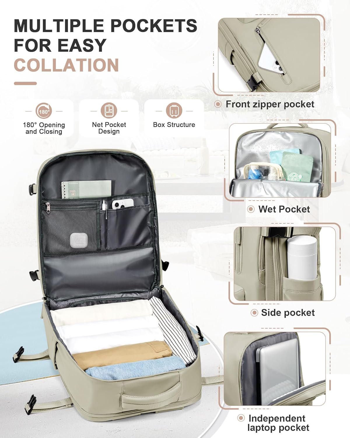 VGCUB Travel Backpack for Women Men for Spirit Airlines Personal Item Bag 18x14x8 Inches Laptop College Backpack,Waterproof Carry on Flight Approved Work Backpack Mochila de Viaje,Large Grey brown