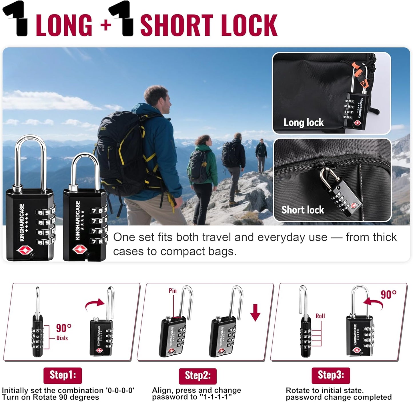 2 Pack TSA Locks for Luggage, 4-Digit Combination Travel Locks for Gun Cases, Toolboxes, Ammo Cases, Bags, Suitcases, Backpacks, Resettable Zinc Alloy Lock with Hook