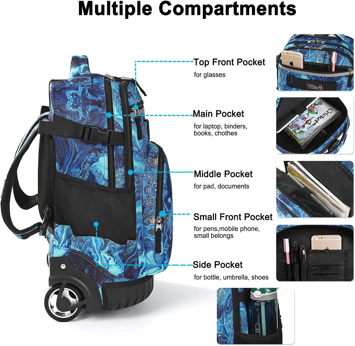 Tilami Rolling Backpack 19 inch with Lunch Bag Wheeled Laptop Backpack (Blue Wave)