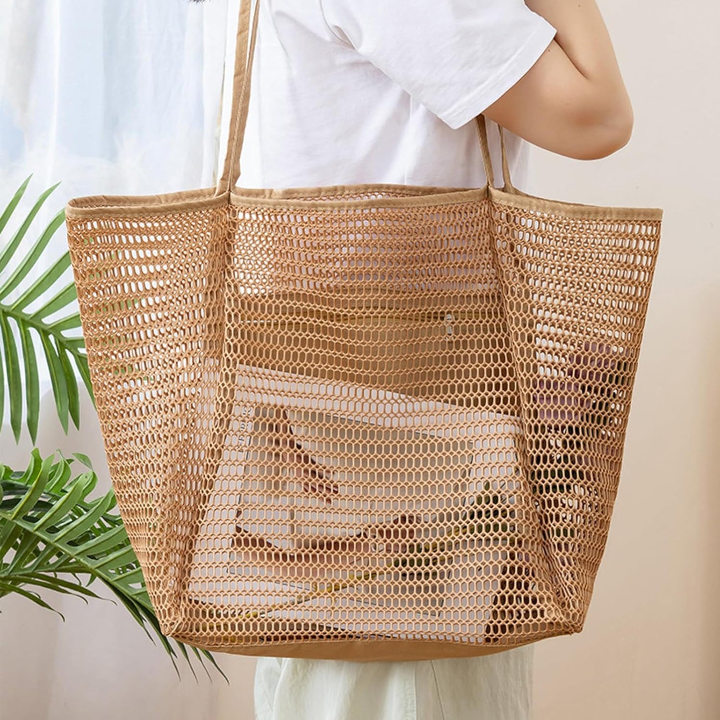 Large Beach Bags for Women, Mesh Beach Tote with Zipper, Foldable Pool Tote Bag Travel Beachbag Waterproof Sandproof
