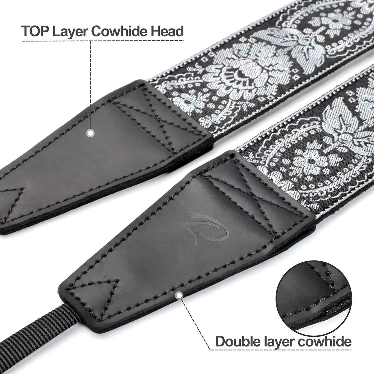 Padwa Lifestyle Camera Strap - 2" Full Grain Leather Ends Camera Straps for Photographers, Vintage Embroidered Cotton Weave Soft Suede Fabric Padded Strap Quick Release fits All Cameras