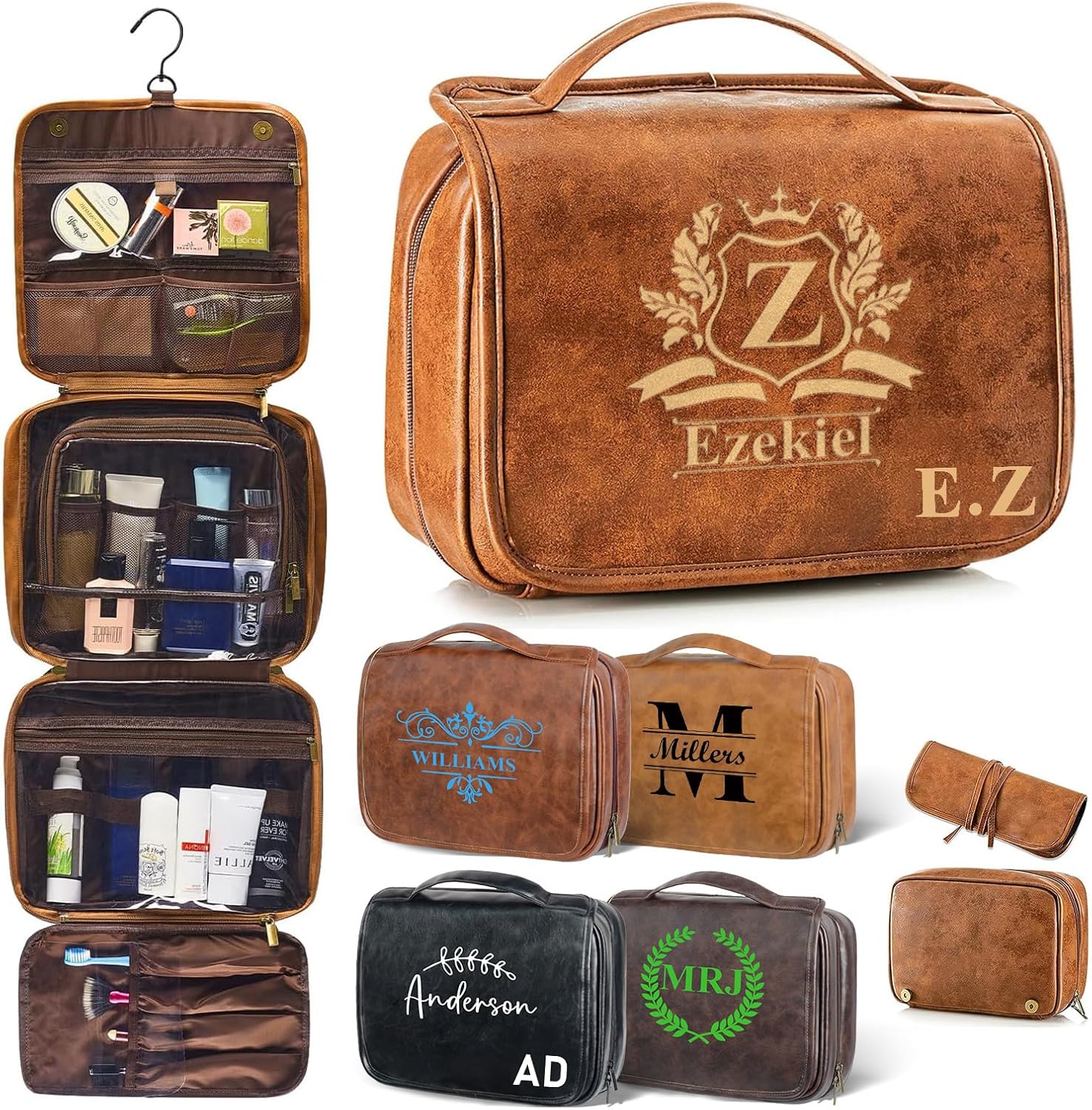 Personalized Toiletry Bag For Men, Large Capacity Travel Doop Kit, Vintage Color PU Leather, Custom