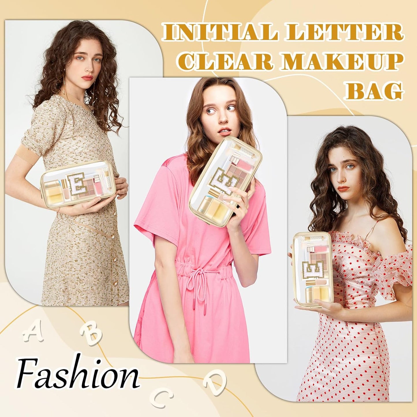Personalized Initial Letter Clear Makeup Bag,Small Nylon&PVC Cosmetic Zipper Bag with Chenille Letter,Portable Beach Travel Skincare Toiletry Bag,Trendy Monogram Gift for Teen Girls Women,E