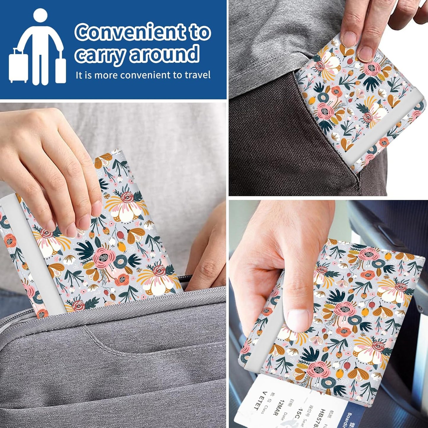Passport Holder for Travel Essentials, Leather RFID Blocking Passport Wallet Cover Case, Cute Passport Book Holders for Women and Men Purple Boho Floral