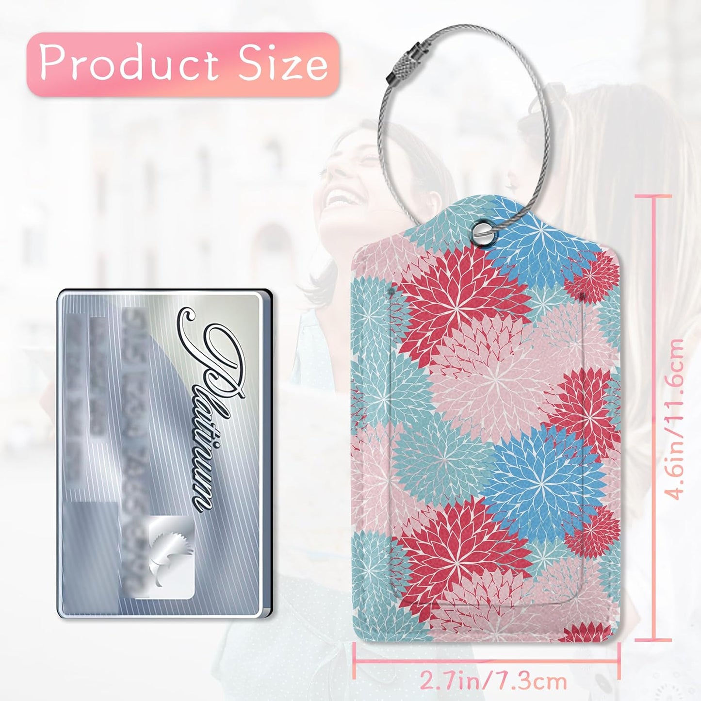 Luggage Tags for Suitcase, 2 Pack Blue Pink Flower Luggage Tag Leather Travel Cruise Bright Floral Luggage Tag with Privacy Flap, Name ID Label and Metal Loop for Women Men Girls Suitcase Baggage