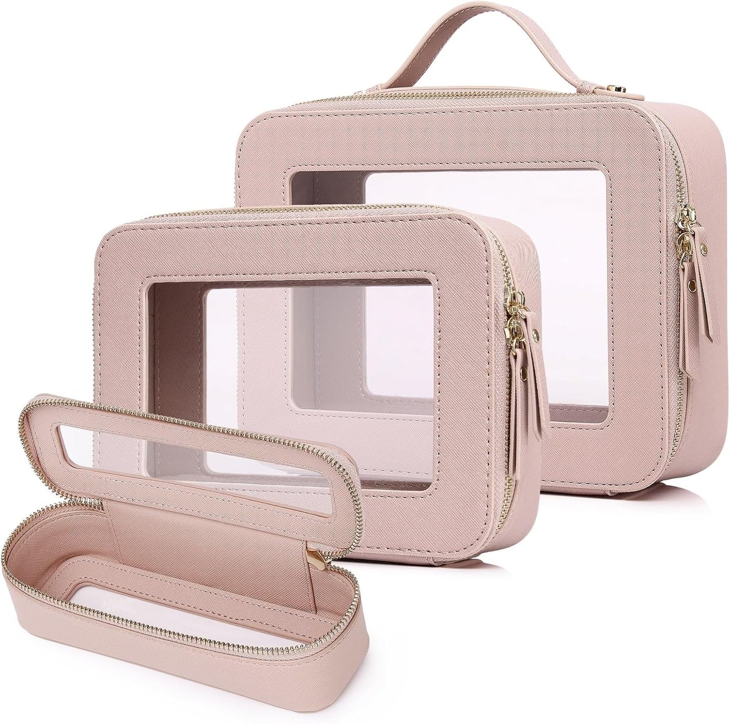 Travel Makeup Set Waterproof Transparent Cosmetic Bag and Toiletry Bag Makeup Brush case with Zipper Car Essentials for Women (Pink, L+M+SLIM)