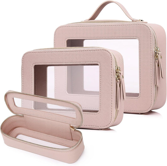 Travel Makeup Set Waterproof Transparent Cosmetic Bag and Toiletry Bag Makeup Brush case with Zipper Car Essentials for Women (Pink, L+M+SLIM)