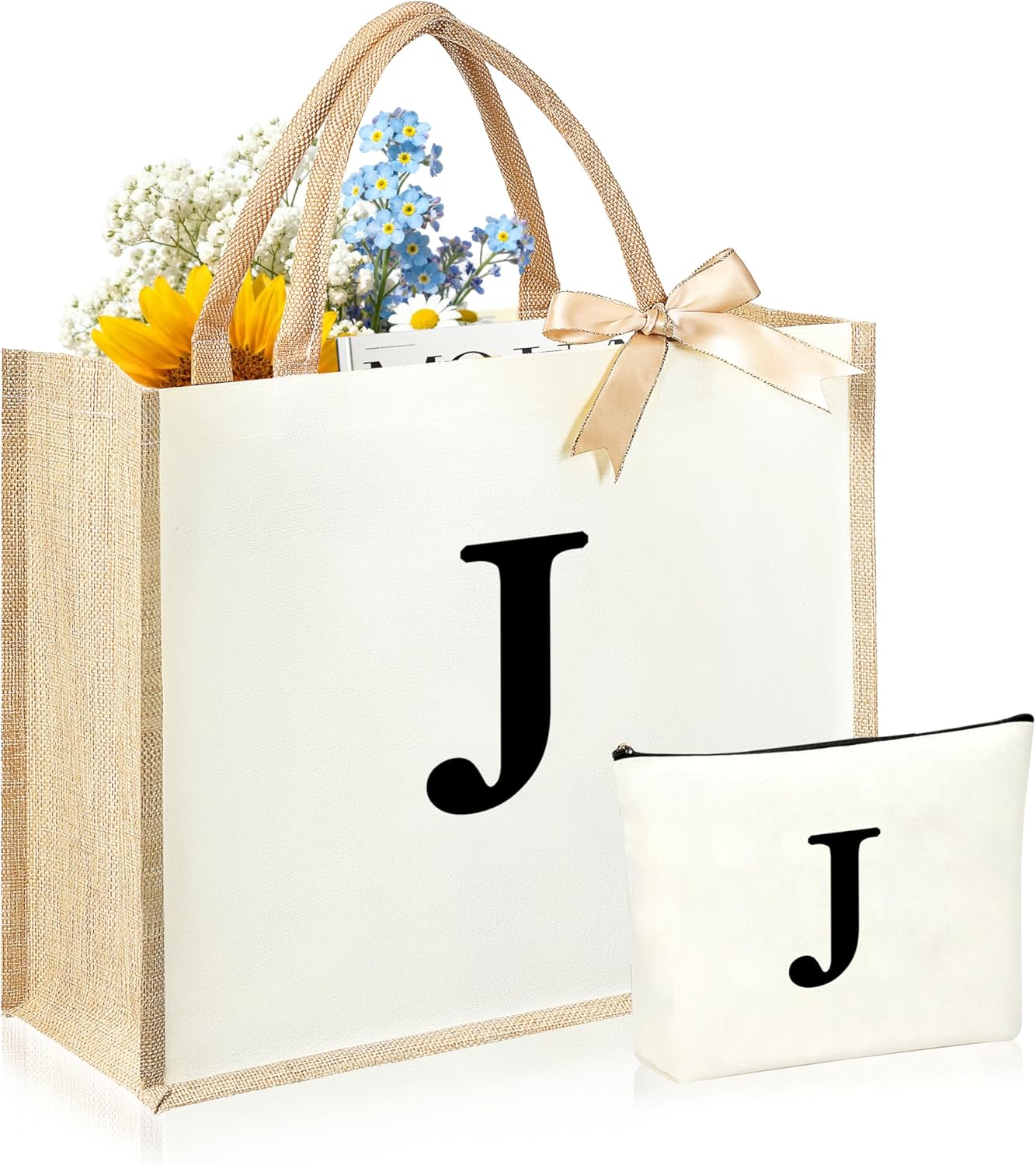 Initial Canvas Tote Bag & Makeup Bag for Women Teacher Bridesmaids，Personalized Present for Wedding, Birthday, Beach