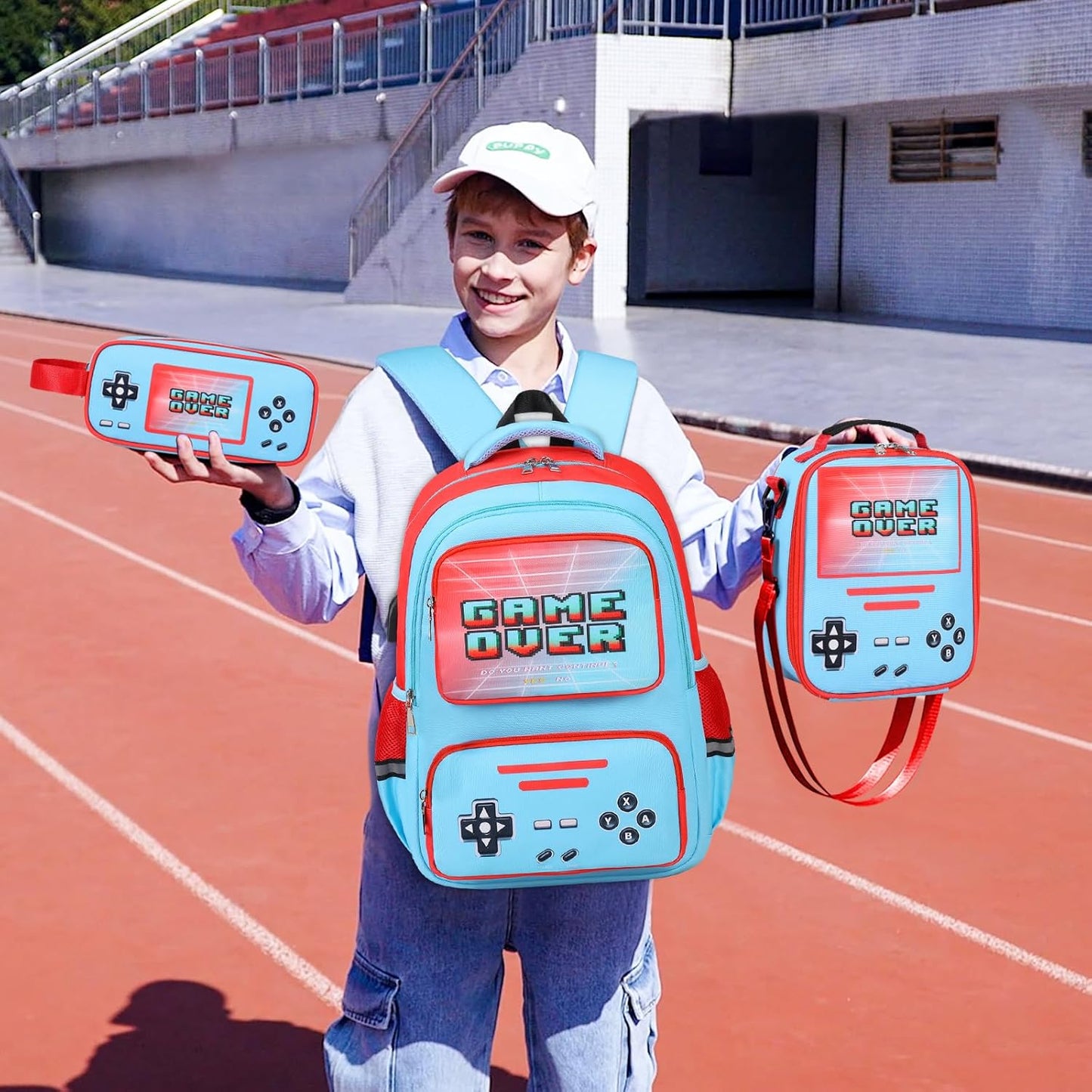 Gamer Backpack for Boys - Cool Luminous School Bag with Lunch Bag Pencil Case - Kids Backpack Elementary Middle School Book Bags for Teen Boys with USB Charging Port (Blue Red)