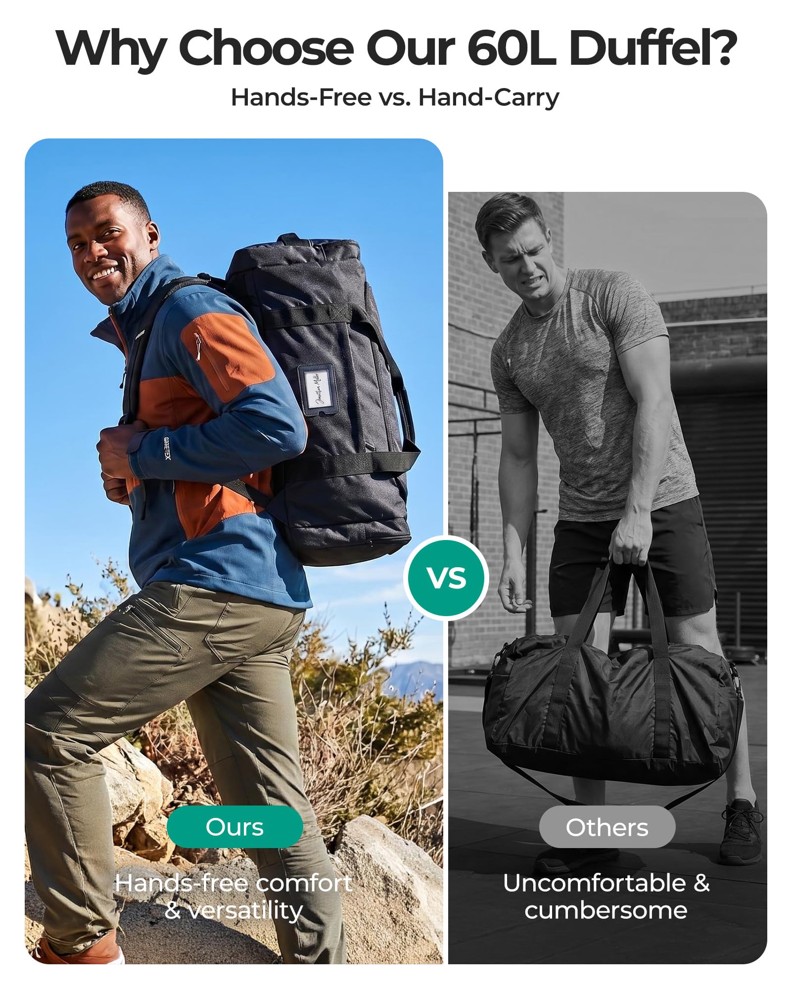 BAGSAMRT 60L Foldable Duffle Bag for Travel, Large Travel Duffel Bag for Men, 4 in 1 Travel