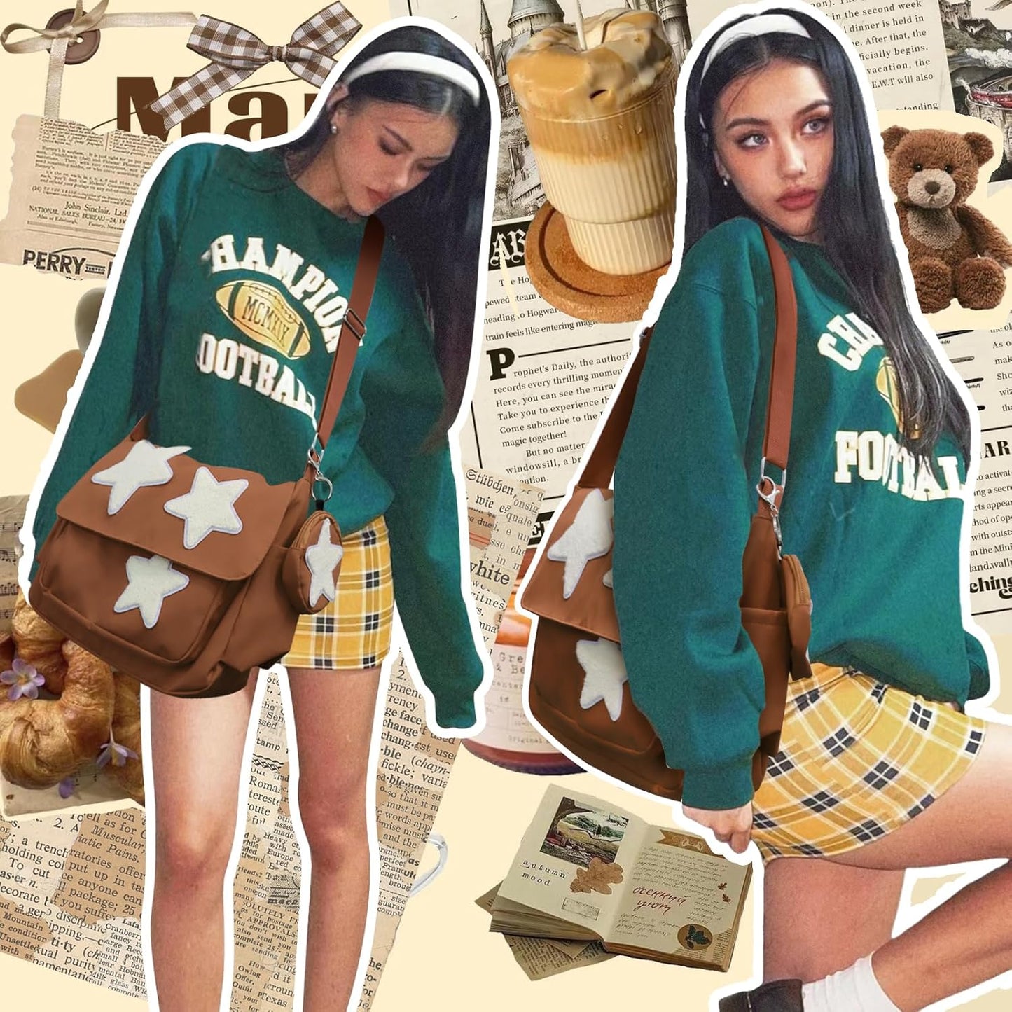 Y2K Messenger Bag for Women, Lightweight Spacious Stars Tote Purse with Cute Coin Purse, Crossbody Shoulder Bag