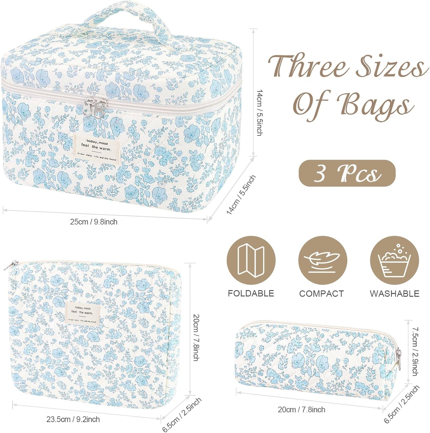 3Pcs Cotton Quilted Makeup Bag for Women Girls, Large Floral Cosmetic Bag Set Cute Makeup Brushes Aesthetic Accessories Storage Bag Travel Toiletry Bag Organizer, Little Flower Blue