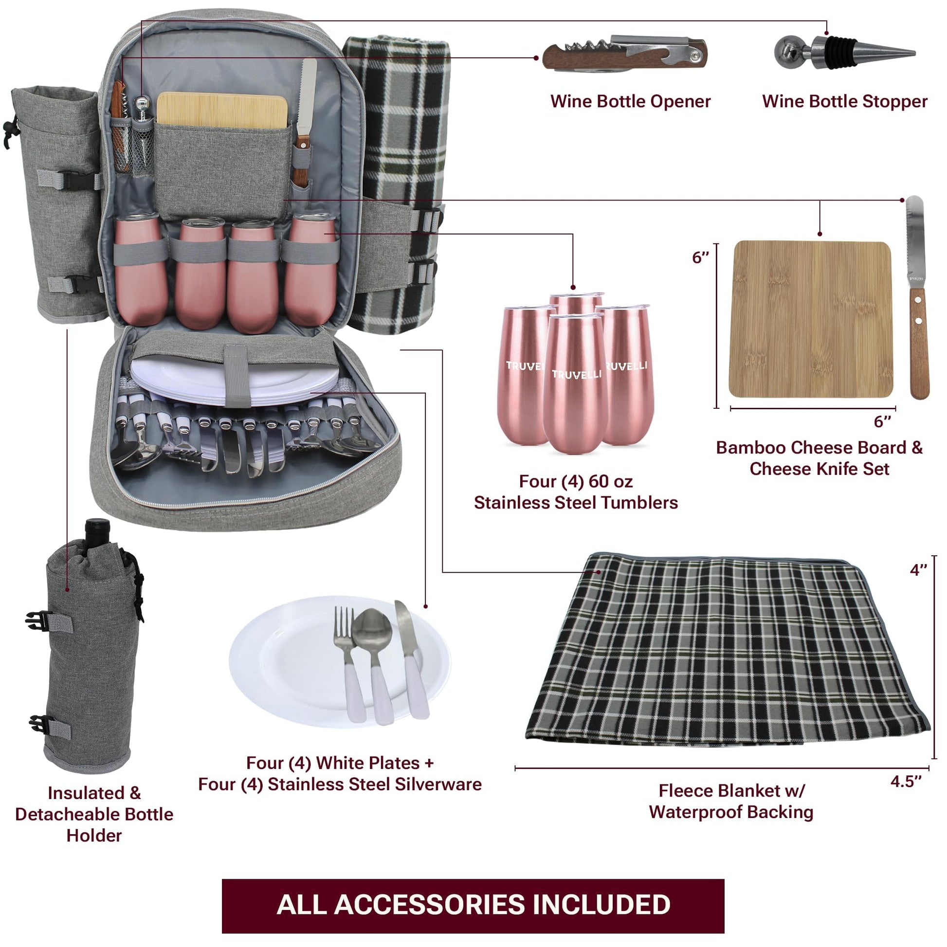 Picnic Backpack for 2, Insulated Basket Set with Blanket, Gray, 12-in-1
