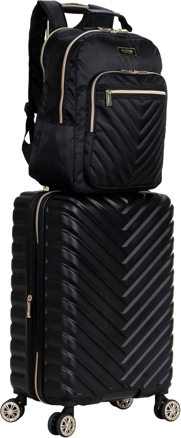 Kenneth Cole REACTION Madison Square Lightweight Hardside Chevron Expandable Spinner Luggage, Black, 2-Piece (20" Carry On + Backpack)