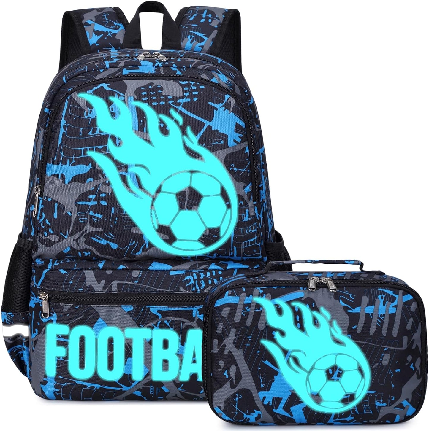 Octsky Kids School Backpack for Boys, Luminous Soccer Backpack Bookbag with Lunch Box, Blue