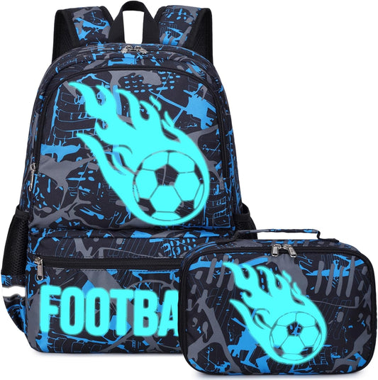 Octsky Kids School Backpack for Boys, Luminous Soccer Backpack Bookbag with Lunch Box, Blue