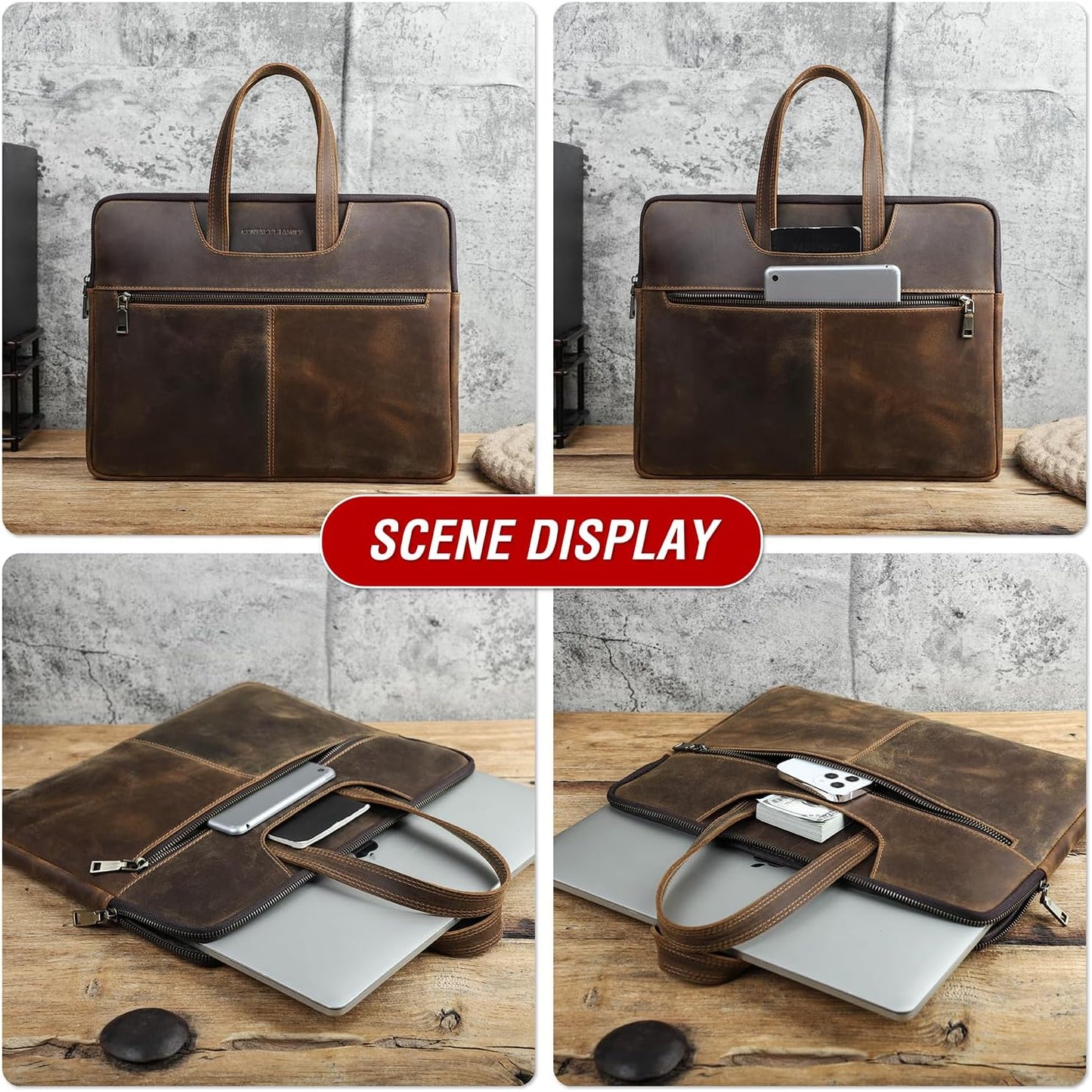 Top Grain Leather 15.4" Slim Laptop Briefcase Handbag, Vintage Design with 5 Pockets, Handmade, Compatible with MacBook Pro/Air 13.3"/14.2"/15.4"/16" & Other Laptop/Tablet, Coffee 15.4 Inch