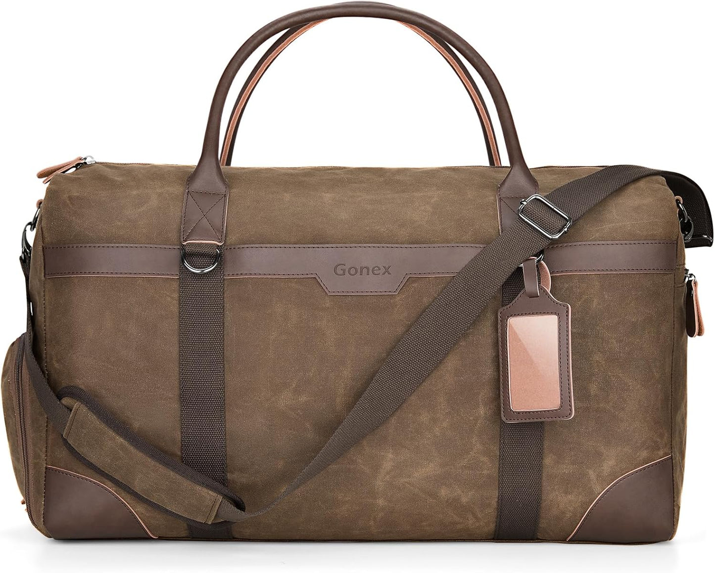 Gonex Waxed Canvas Duffle Bag for Travel, Water-resistant Vintage 55L Duffel Weekender with Shoes Compartment & Luggage Tag, Heavy-duty Overnight Bag with Suitcase Handle Sleeve for Men, Dark Brown