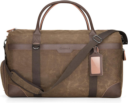 Gonex Waxed Canvas Duffle Bag for Travel, Water-resistant Vintage 55L Duffel Weekender with Shoes Compartment & Luggage Tag, Heavy-duty Overnight Bag with Suitcase Handle Sleeve for Men, Dark Brown