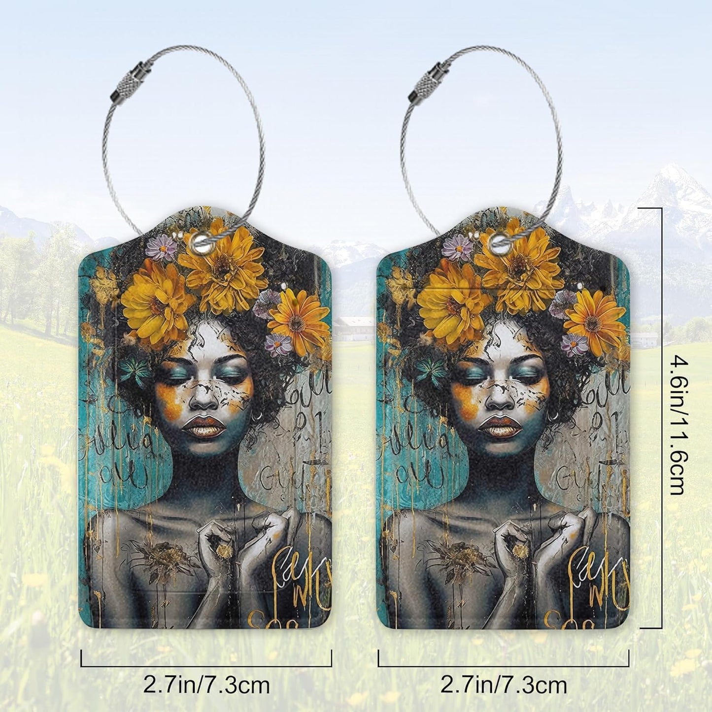 2 Pack Leather Luggage Tag for Suitcase African Girl Art Unique Travel Tags with Privacy Cover ID Label & Stainless Steel Loop for Men and Women Baggage