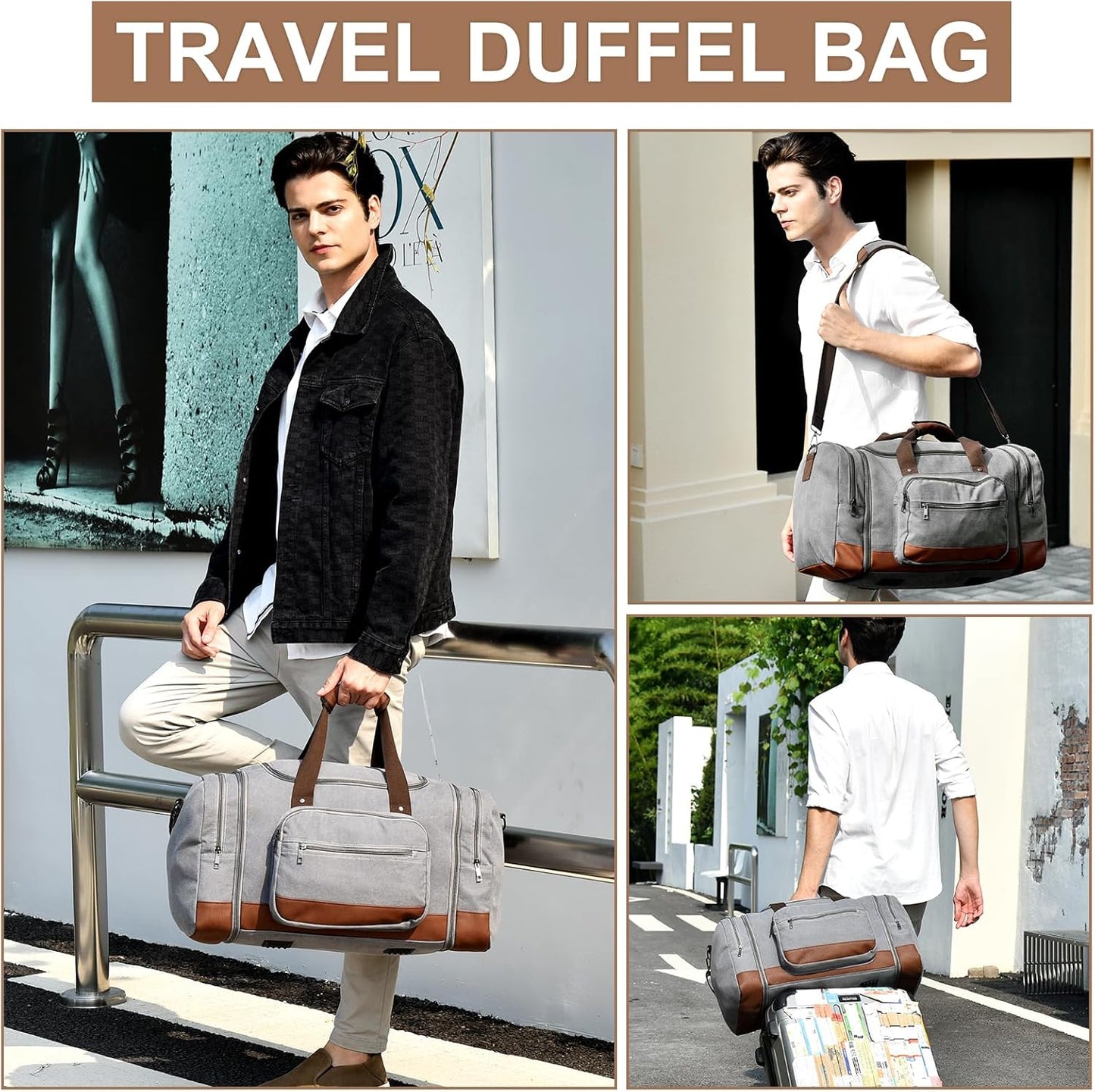 Litvyak Duffle Bag for Travel, 50L Canvas Travel Duffel Bags Overnight Weekend Gym Carry on Luggage Bag for Men & Women(Grey)