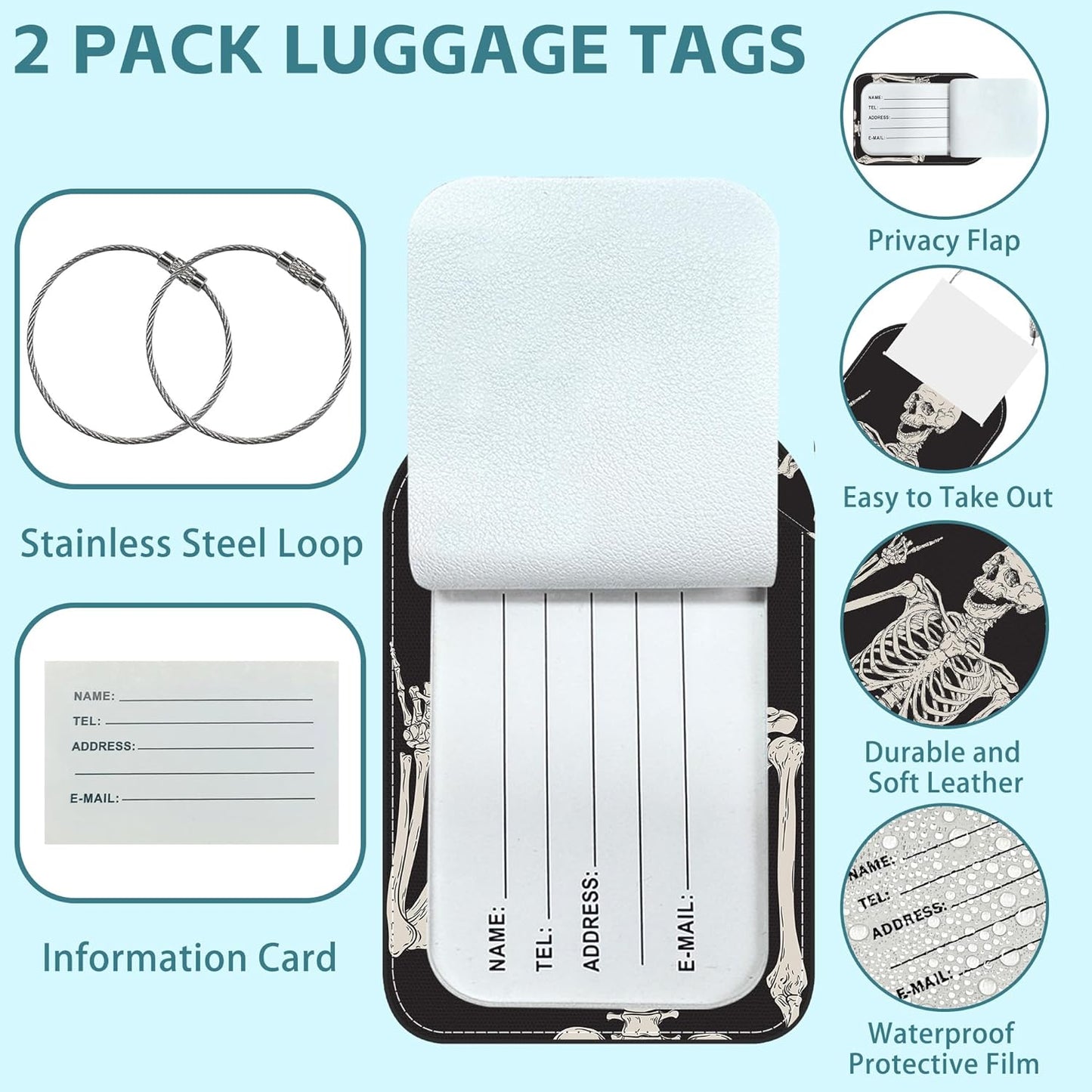 2 Pack Cute Luggage Tag for Suitcases Skull Rock and Roll Leather Luggage Tags with Stainless Steel Loop Privacy Flap Name Tags,Men and Women Travel Bag Suitcase Tags