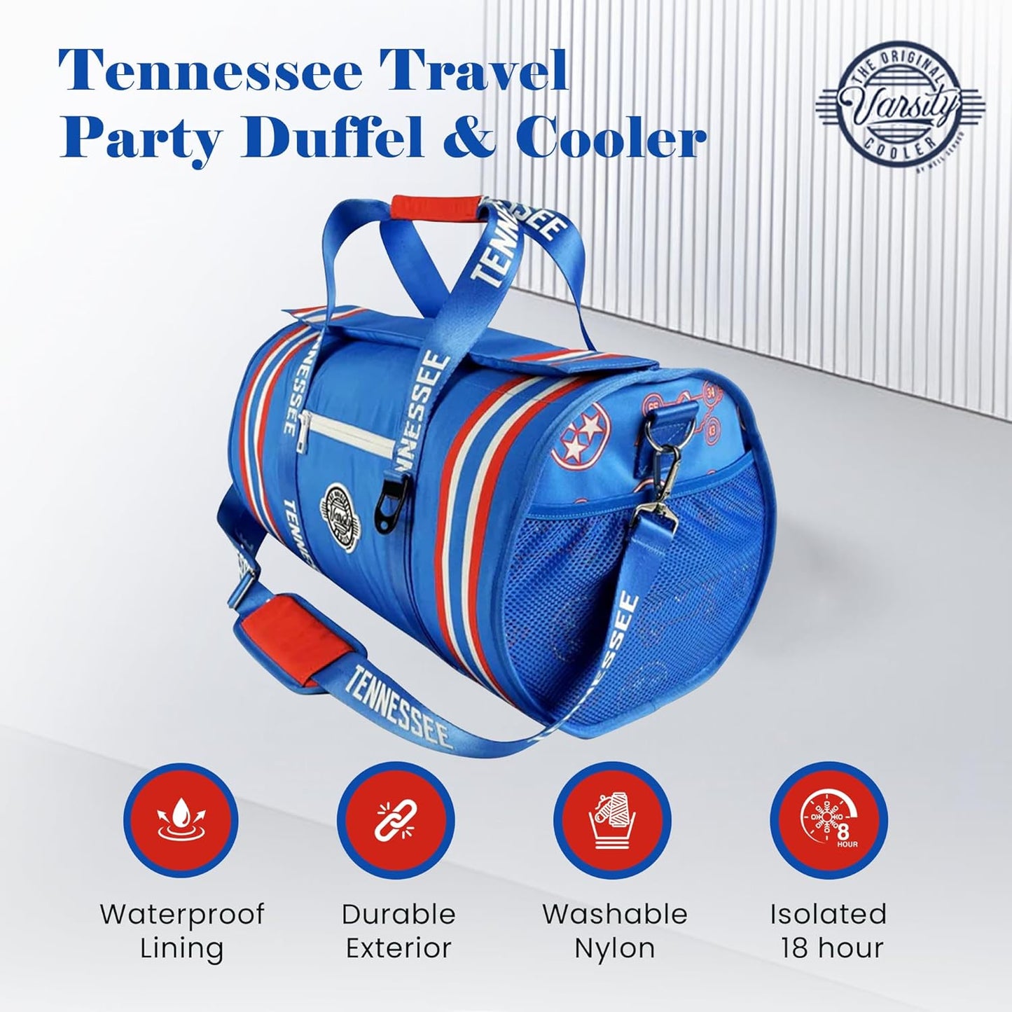 Varsity Cooler Tennessee Travel Party Duffel & Cooler – 30 Can Leakproof Insulated Tote Bag, Waterproof Soft compartment for Tailgating, Golf, Beach, Carry-On Luggage & Outdoor Sports