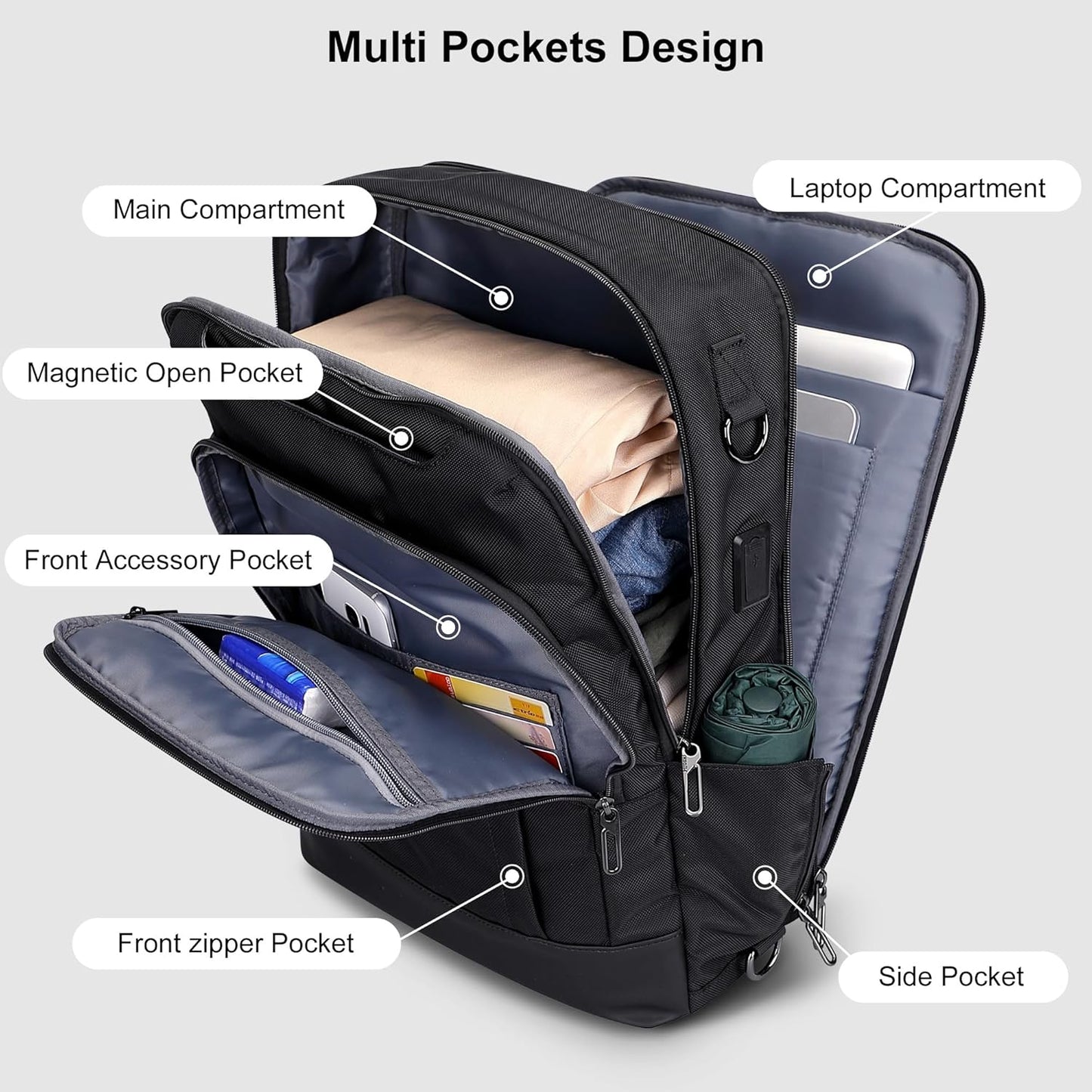 PIJUSHI Laptop Backpack for Women Men Personal Item Travel Backpack Convertible Carry on Bag Flight Approved(PE042 Black)